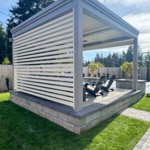 Custom pergola with motorized solar shades, custom fans, outdoor accessories, motorized louvers