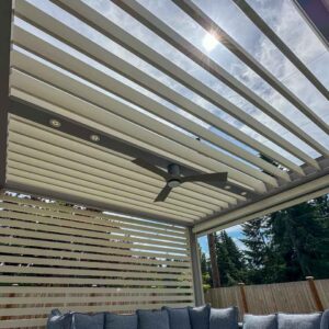 Close-up of open motorized louvers on pergola
