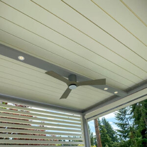Close-up of closed motorized louvers on pergola