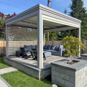 Custom pergola with motorized solar shades, custom fans, outdoor accessories, motorized louvers