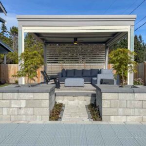 Custom pergola with motorized solar shades, custom fans, outdoor accessories, motorized louvers