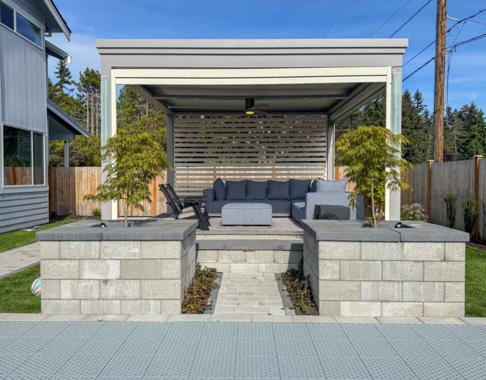 Custom pergola with motorized solar shades, custom fans, outdoor accessories, motorized louvers