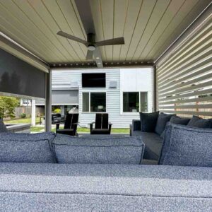 View of inside of pergola with closed motorized louvers