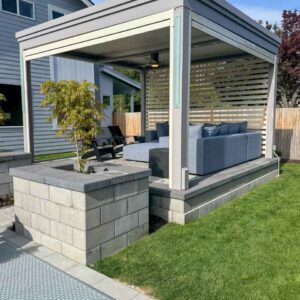 Custom pergola with motorized solar shades, custom fans, outdoor accessories, motorized louvers