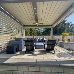 Custom pergola with motorized solar shades, custom fans, outdoor accessories, motorized louvers