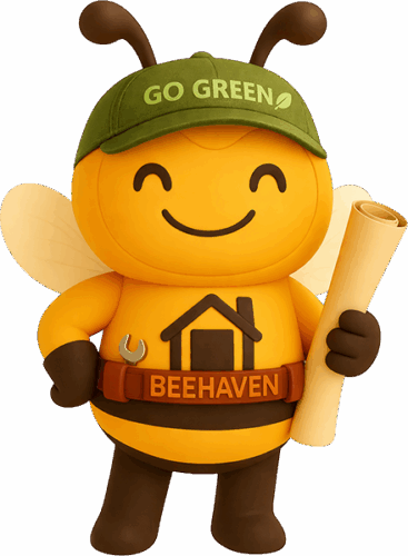 Beehaven bee with a green cap that says "go green" on it